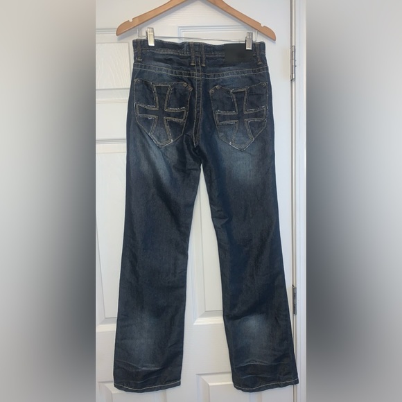 CJ Black Premium Bootcut 28 X 32 Dark Wash Blue Jeans, Cross On Pockets, Zip Fly - Picture 3 of 4